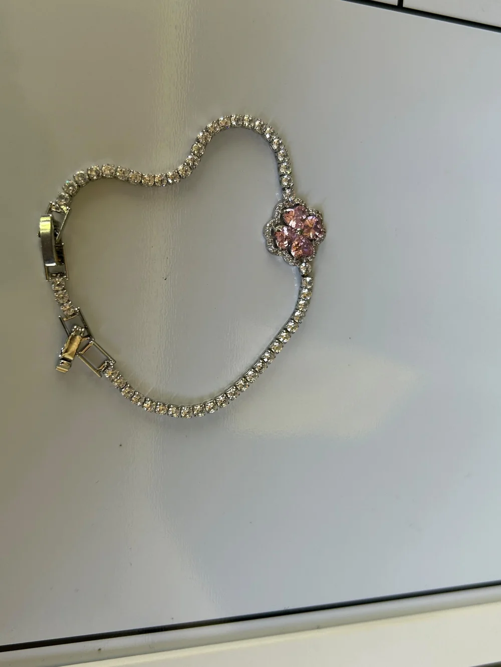 Silver Tennis Bracelet with Pink Flower Crystal Accent
